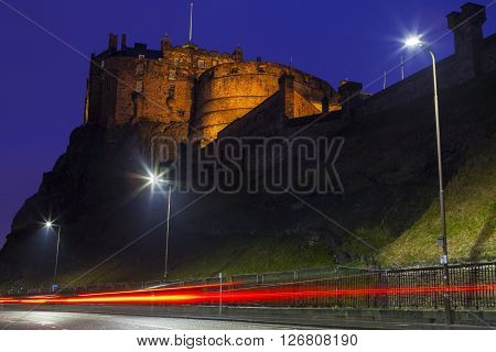 A night-time view of Edinburgh Castle from Johnston Terrace in Edinburgh Scotland.