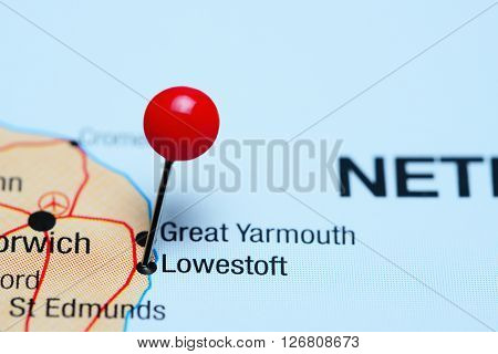 Lowestoft pinned on a map of UK