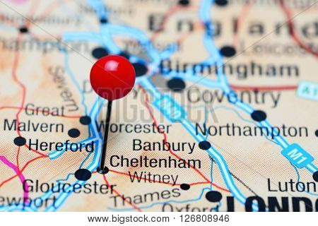 Cheltenham pinned on a map of UK
