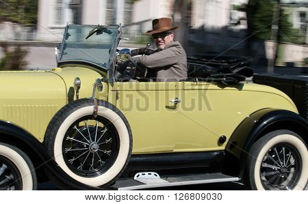US car Ford Model A Roadster is exposed to retro parade in the town of Sliven, Bulgaria, April 16.2016