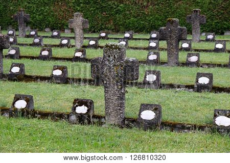 URSBERG, GERMANY - JUNE 09: The graves of members of St. Joseph Congregation on the cemetery in Ursberg, Germany on June 09, 2015.