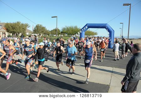 Hemet California/USA-April 17 2016:Athlete running in the Diamond Valley Triathlon