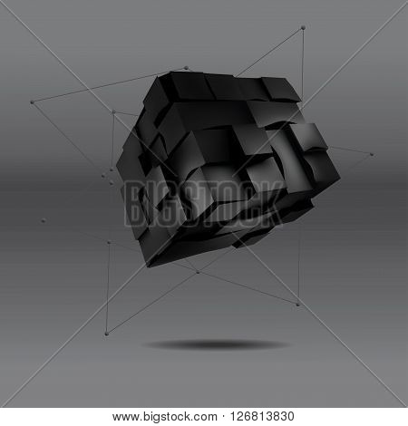 vector illustration of 3d black cube with lines and dots hanging . Abstract background for your design