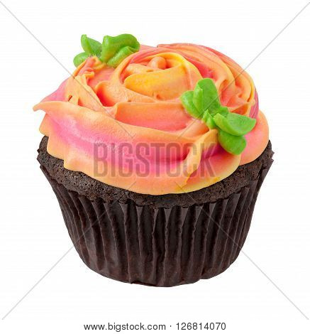 Chocolate Cupcake with Rose Shaped Frosting. Full focus from front to back. The image is a cut out isolated on a white background with a clipping path.