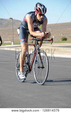 Hemet California/USA-April 17 2016:Athlete on bike in the Diamond Valley Triathlon