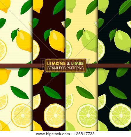 Set of seamless patterns with lemons and limes.