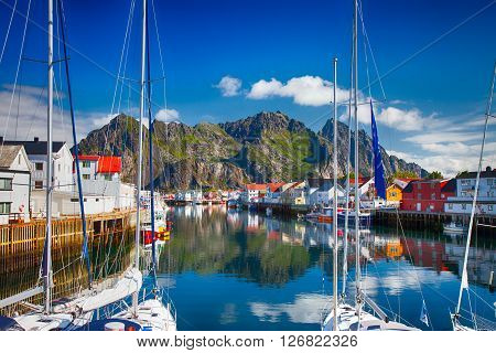 Henningsvaer, Norway - July 21, 2011 - View To Typical Village With Wooden Houses In Henningsvaer, L