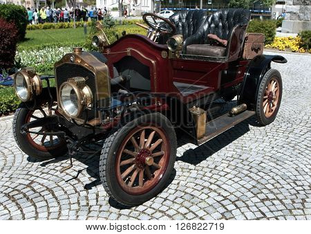 The French De Dion Bouton car is exposed to retro parade in the town of Sliven, Bulgaria, April 16.2016