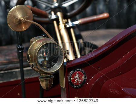 The French De Dion Bouton car is exposed to retro parade in the town of Sliven, Bulgaria, April 16.2016