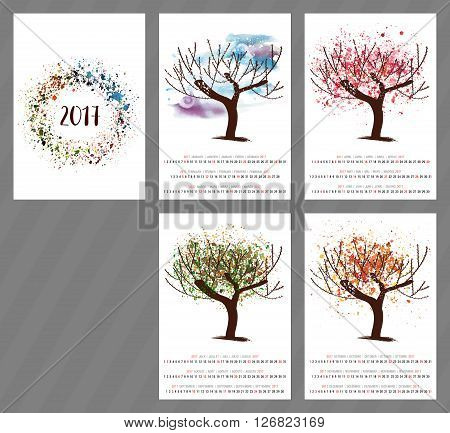 A scalable vector calendar for the year 2017 with a watercolor and vector drawing of a tree changing as the seasons change with four pages and a cover with an abstract texture with copyspace