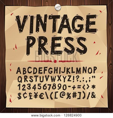 Vintage press font on the crumpled paper background Clipping paths included.