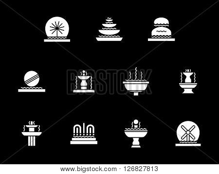 Different styles decorative fountains for exterior, interior, parks and gardens. Small architecture. Collection of white glyph vector icons on black. Elements for web design, business, mobile app.