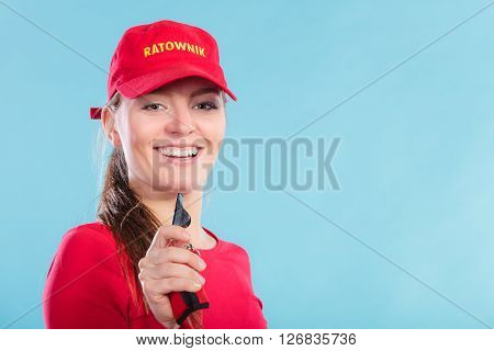 Lifeguard Woman In Cap On Duty With Whistle.