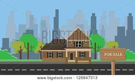 home for sale with wood wooden sign board vector illustration