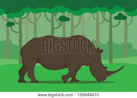 rhinoceros in the middle of jungle eating grass vector illustration