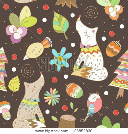 Doodle forest seamless pattern. Vector illustration in childrish style.