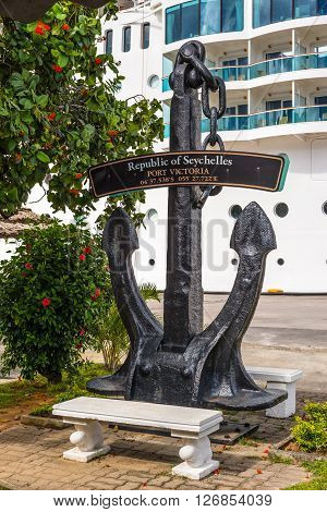 Victoria Mahe Island Seychelles - December 15 2015: Black anchor memorial sign 