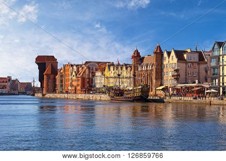 View of the riverside on Old Town by the Motlawa river in Gdansk Poland.