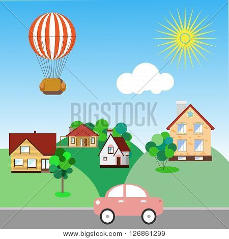 A balloon flies over houses. Concept in flat style
