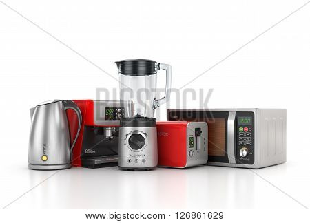 Kitchen appliances. Blender toaster coffee machine kettle and microwave isolated on white background. 3d illustration