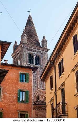 View of a bell tower in Verona view from staircase of Verona square