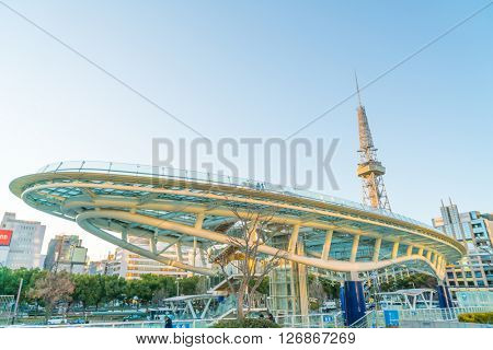 NAGOYA, JAPAN - FEB 07: Oasis 21 in Nagoya, Japan on FEB 07, 2016. A shopping complex nearby Nagoya Tower, its large oval glass roof structure floats above ground level