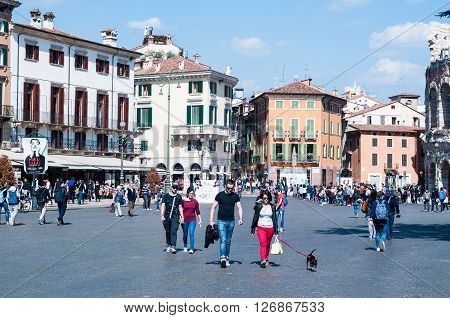 11 april 2016-verona-italy-street view by the square near the Arena in Verona