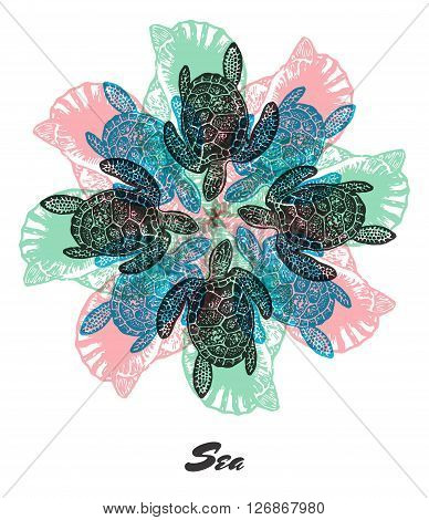 Vector Sea mood Engraved fractal outlet composition. Bright colored composition with sea turtlie and shell