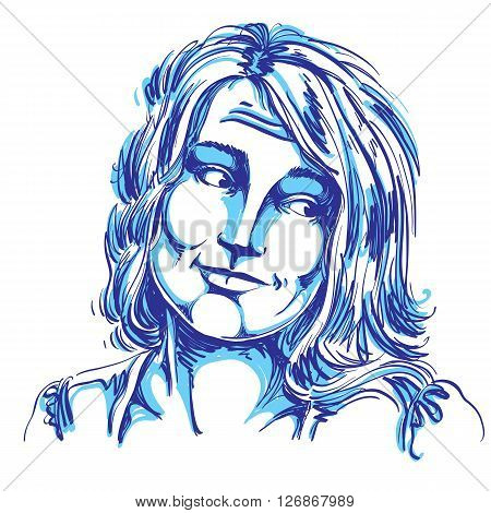 Monochrome Vector Hand-drawn Image, Blameworthy Young Woman. Black And White Illustration Of Regretf