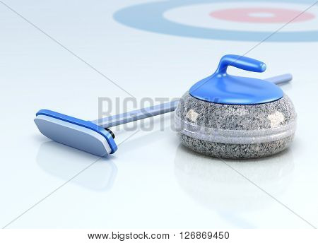 Stone and brush for curling on ice. 3d render image.
