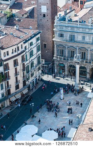 11 april 2016-verona-italy- Beautiful view from the tower lamberti of Verona with the erbe on the square