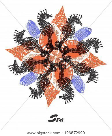 Vector Sea mood Engraved fractal outlet composition. Bright colored composition with seahorse, Emperor angelfish and shell