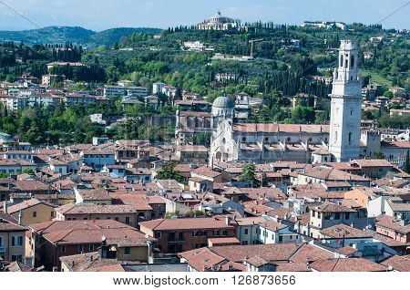 Beautiful view from the tower lamberti of Verona in the background the cathedral