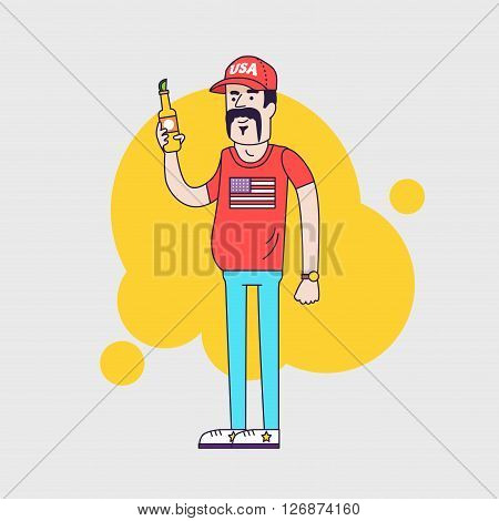 Cartoon character. Truck driver with mustache in cap. Illustration of the american redneck with big belly is holding a beer bottle. Resident of the southern states. Linear flat style