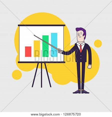 Modern businessman points to flipchart with colored bar chart. Line flat style illustration.