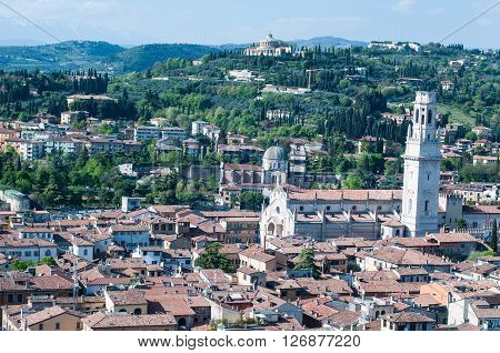 Beautiful view from the tower lamberti of Verona in the background the cathedral