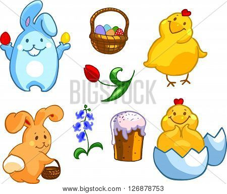 Easter set with rabbits and chickens. Vector illustration