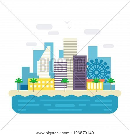 Modern city with scyscrapers. Sea resort landscape. Flat illustration. Infographic design elements