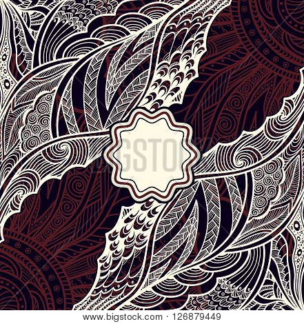 Template flyer or label  with Zen doodle or Zen tangle pattern in pearly  on dark burgundy colors for  decorate package clothes perfume cosmetic or creative Post Card