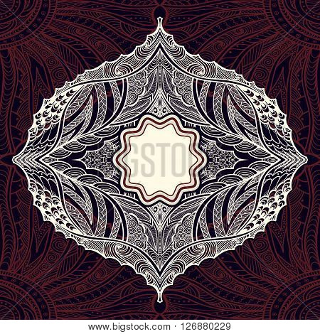 Template flyer or label  with Zen doodle or Zen tangle pattern in pearly  on dark burgundy colors for  decorate package clothes perfume cosmetic or creative Post Card
