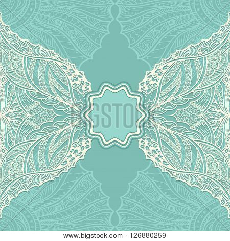 Template flyer or label  with Zen doodle or Zen tangle pattern in pearly and blue colors for  decorate package clothes perfume cosmetic  or creative Post Card or Wedding invitation