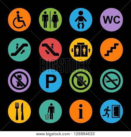 Public icon set.Service Signs icon set.Vector black public building sign isolated on a color circle