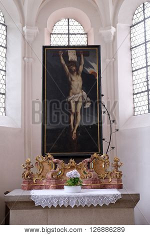 URSBERG, GERMANY - JUNE 09: Altar of Holy Cross in the monastery church of St. John in Ursberg, Germany on June 09, 2015.