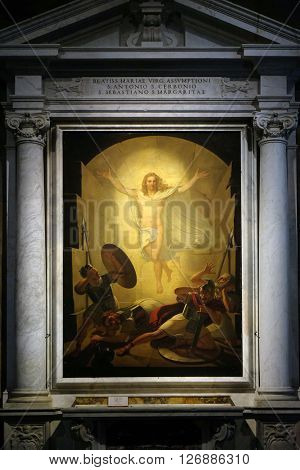 LUCCA, ITALY - JUNE 06, 2015: Altarpiece depicting Resurrection of Christ, work by Michele Ridolfi in Cathedral of St.Martin in Lucca, Italy, on June 06, 2015