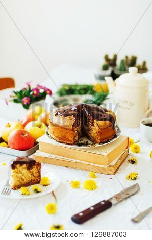 Traditional homemade chocolate cake. Rustic style and natural light. Chocolate Mud Cake on White table. Piece of chocolate cake with icing. Vanilla Cake with Chocolate Glaze.