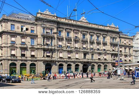 Zurich, Switzerland - 20 April, 2016: road works on Paradeplatz square in front of the Credit Suisse office building. Zurich is the largest city in Switzerland and the capital of the Swiss canton of Zurich.