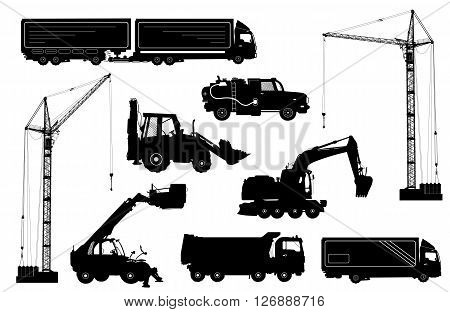 Construction equipment: trucks excavator bulldozer elevator cranes. Detailed silhouettes of construction machines isolated on white. Vector illustration