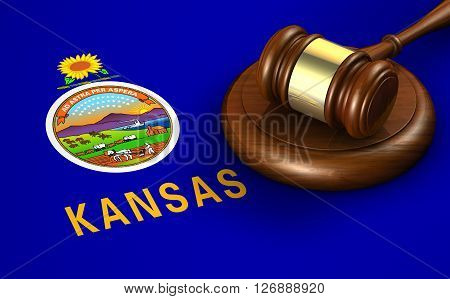 Kansas US state law code legal system and justice concept with a 3D rendering of a gavel on the Kansan flag on background.