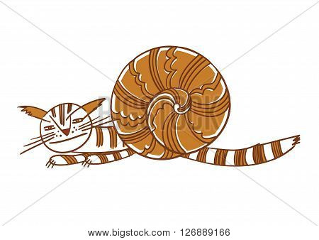 Cat-snail. Fantastic illustration. Cute funny color vector illustration