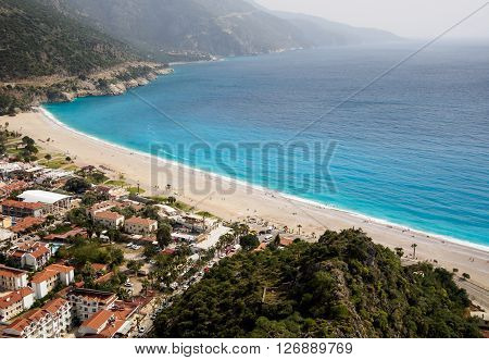 Aerial view of town and beach Oludeniz Fethiye Turkey